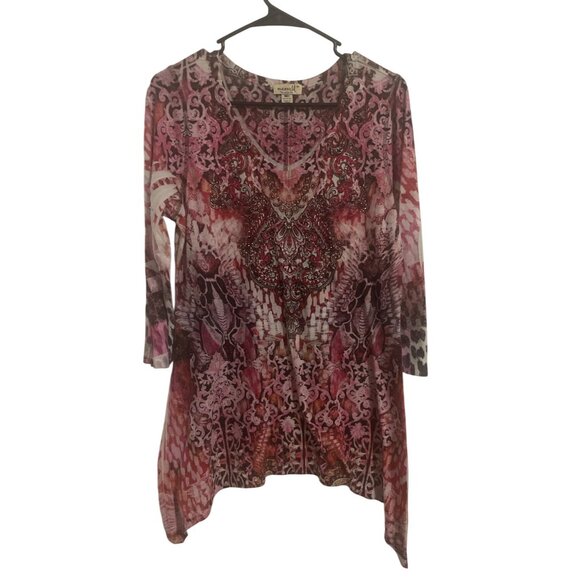 One World M Womens Boho Tunic Top V-Neck 3/4 Sleeve Elegant - Picture 1 of 6